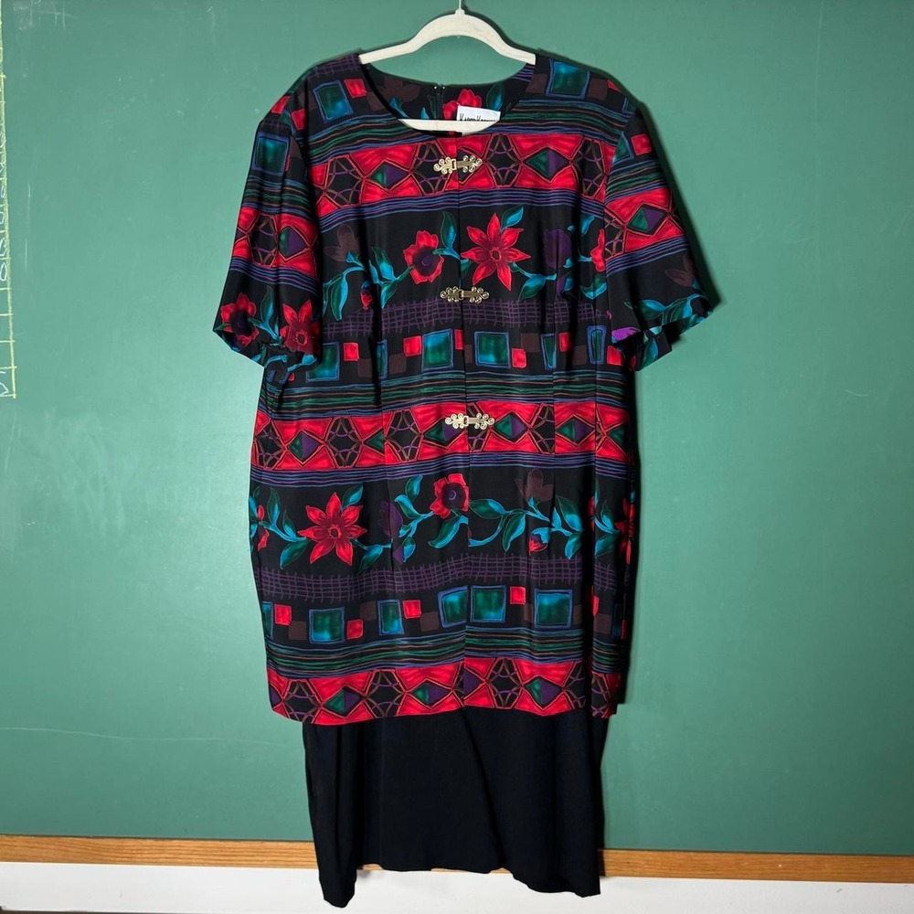 Vintage Kari's Korner 80s Plus Size Mod Geometric Floral Dress 18 Red Multi - Picture 2 of 6